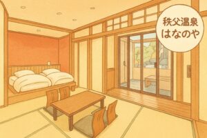 秩父温泉はなのやの客室を描いたイラスト。畳の和室に低いテーブルと座椅子、奥にはベッドスペースがあり、障子越しに露天風呂と自然の景色が見える。