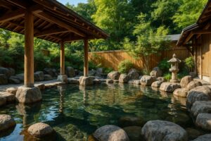 埼玉県の温泉風景｜自然に囲まれた露天風呂と湯けむりが立ち上る