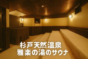 杉戸天然温泉「雅楽の湯」のサウナ室内部。落ち着いた木の香りと温かい照明に包まれた空間で、段差のある座面が特徴。