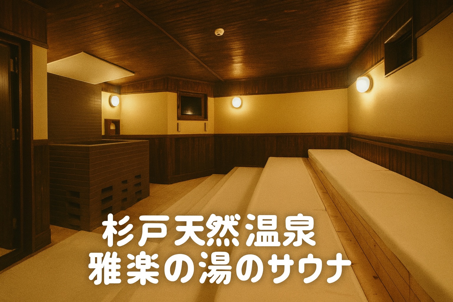 杉戸天然温泉「雅楽の湯」のサウナ室内部。落ち着いた木の香りと温かい照明に包まれた空間で、段差のある座面が特徴。