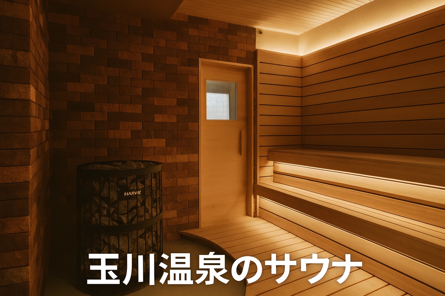 玉川温泉のサウナ室内部。木の温もりを感じる落ち着いた雰囲気で、レンガ調の壁と木製ベンチが並ぶ